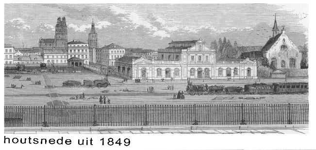 eerste brugs station houtsnede 1849